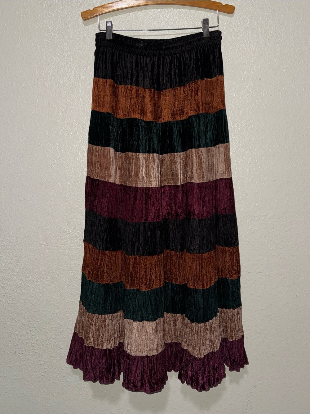 Women’s Boho Western Neutral ColorBlock Stripe Maxi Flare Skirt Pull On - Picture 2 of 6